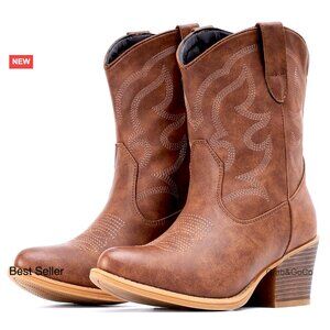 Western Cowgirl Boots Suede Ankle Mid Calf Pointed Toe Chunky Classic Booties